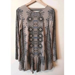 Free People Boho Printed Peplum Tunic Top‎ Mini Dress Taupe Blue Long Sleeve M